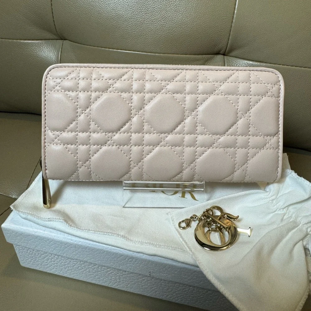 Dior Quilted Cannage Leather Zip Wallet in Pale Pink with Gold Hardware, NWOT